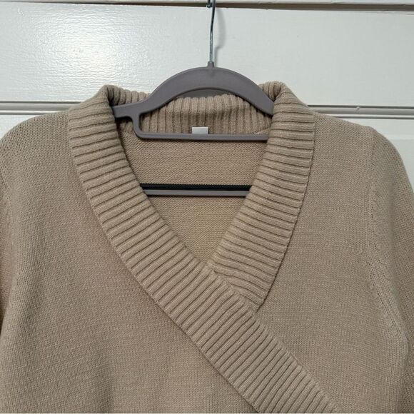 Shawl Collar Faux Wrap Lace Up Long Sleeve Sweater Tan Women’s Small - Picture 5 of 7